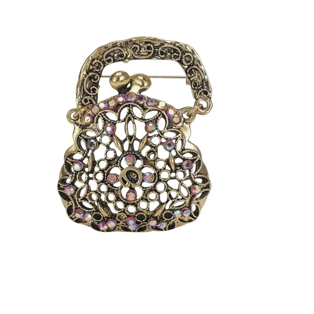 Elegant Gold and‎ Pink Purse Brooch
